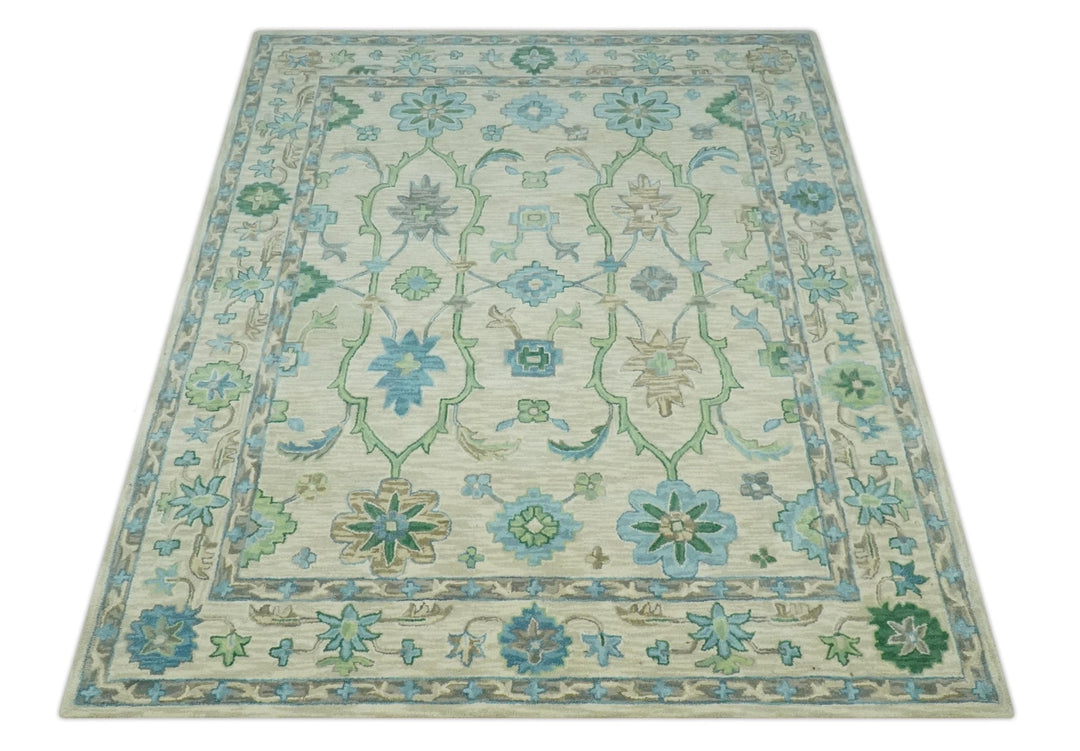 Floral Beige, Gray, Blue and Green Oriental Oushak Hand Tufted 8x10 wool Area rug - The Rug Decor