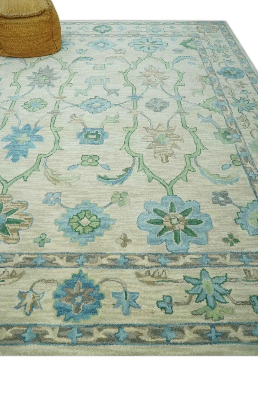 Floral Beige, Gray, Blue and Green Oriental Oushak Hand Tufted 8x10 wool Area rug - The Rug Decor
