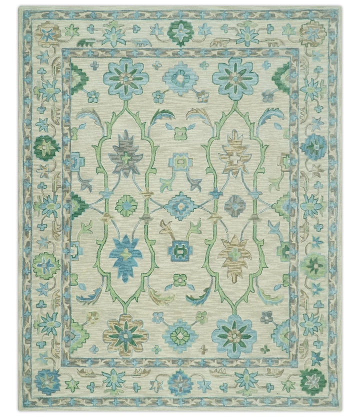 Floral Beige, Gray, Blue and Green Oriental Oushak Hand Tufted 8x10 wool Area rug - The Rug Decor
