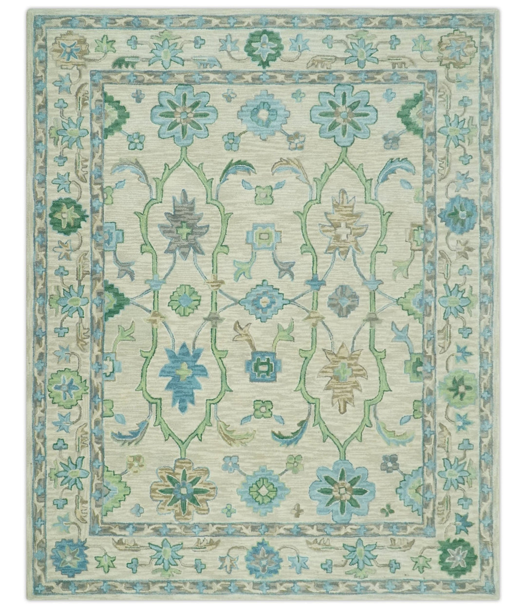 Floral Beige, Gray, Blue and Green Oriental Oushak Hand Tufted Custom Made wool Area rug - The Rug Decor