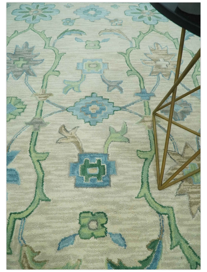 Floral Beige, Gray, Blue and Green Oriental Oushak Hand Tufted Custom Made wool Area rug - The Rug Decor