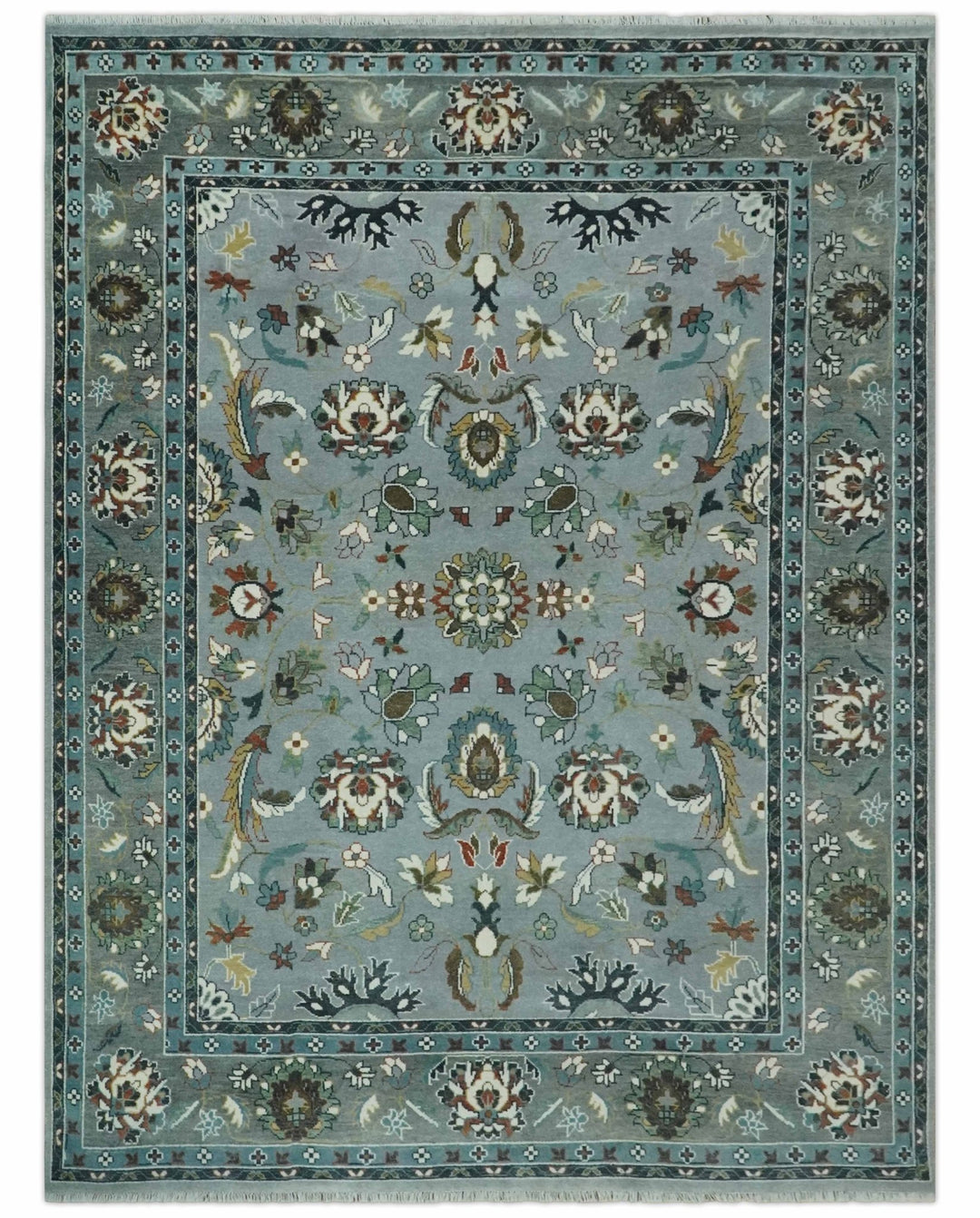 Floral Gray, Ivory, Brown and Green Hand Knotted Traditional Oushak 9x12 wool Rug - The Rug Decor