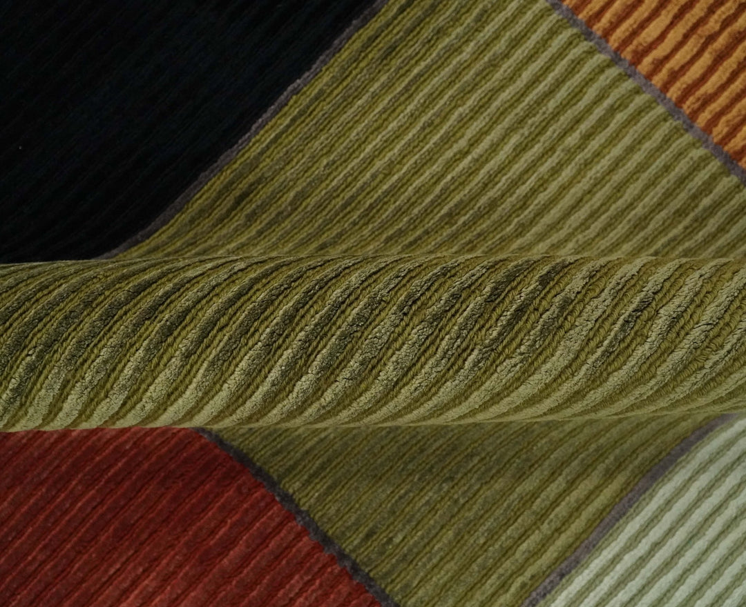 Geometrical Square Shape Black, Olive, Rust and Silver Stripes 5x8 wool and Art Silk rug - The Rug Decor