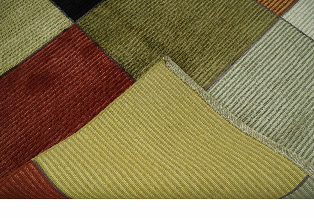 Geometrical Square Shape Black, Olive, Rust and Silver Stripes 5x8 wool and Art Silk rug - The Rug Decor