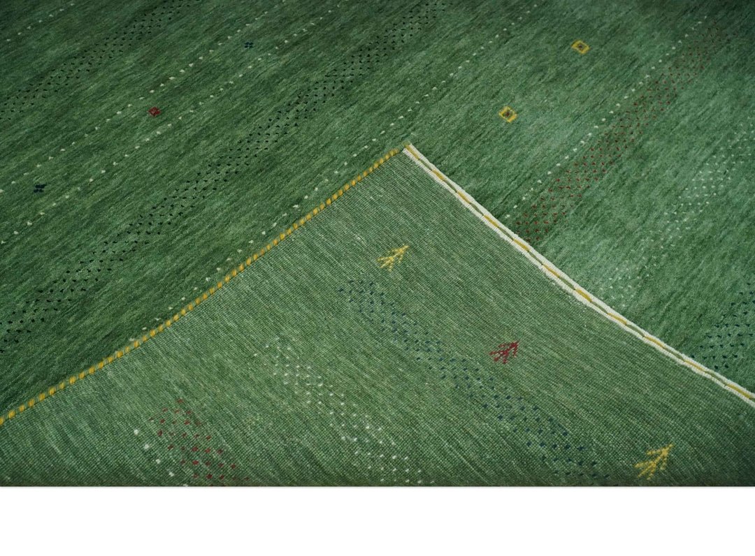 Geometrical Stripes Design Green, Ivory and Charcoal Hand loom 4.6x6.6 wool Area Rug - The Rug Decor