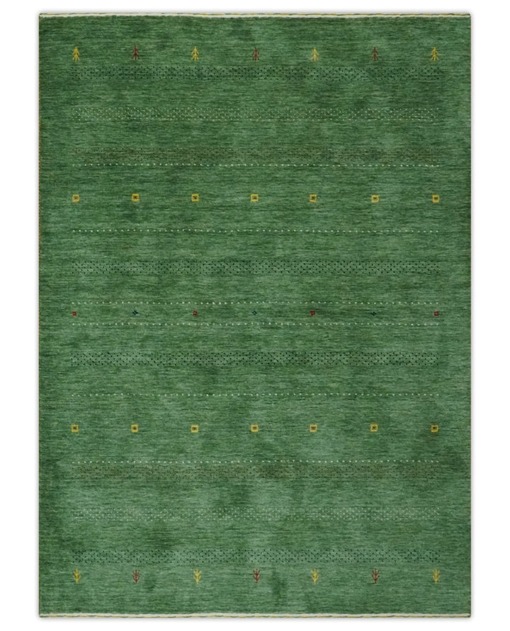 Geometrical Stripes Design Green, Ivory and Charcoal Hand loom 4.6x6.6 wool Area Rug - The Rug Decor