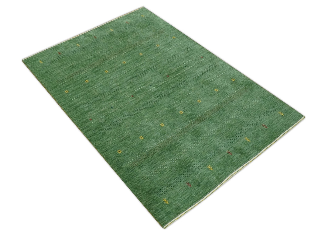 Geometrical Stripes Design Green, Ivory and Charcoal Hand loom 4.6x6.6 wool Area Rug - The Rug Decor