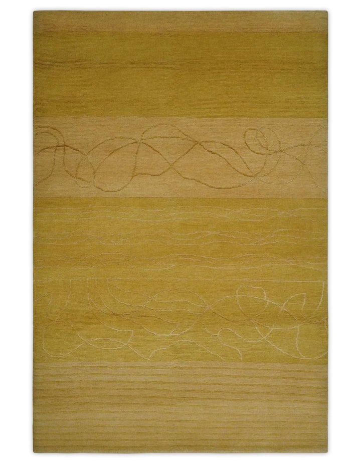 Gold and Brown Hand knotted Stripes 4x6 wool and Art Silk area Rug - The Rug Decor