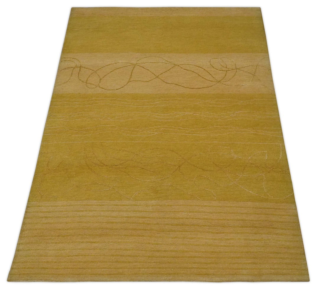 Gold and Brown Hand knotted Stripes 4x6 wool and Art Silk area Rug - The Rug Decor