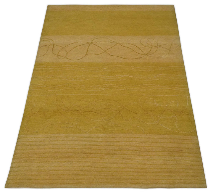 Gold and Brown Hand knotted Stripes 4x6 wool and Art Silk area Rug - The Rug Decor