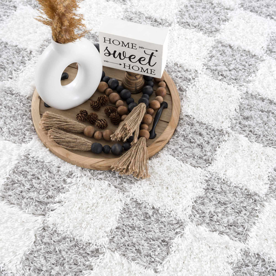 Gray and Ivory Modern Checker Board Plush Pile Moroccan style Area Rug - The Rug Decor