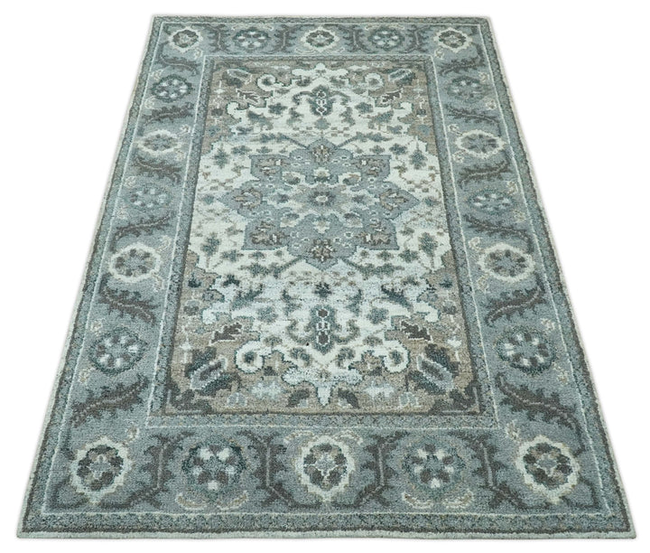 Gray and Ivory Traditional Heriz Hand Knotted 5x8 wool area rug - The Rug Decor