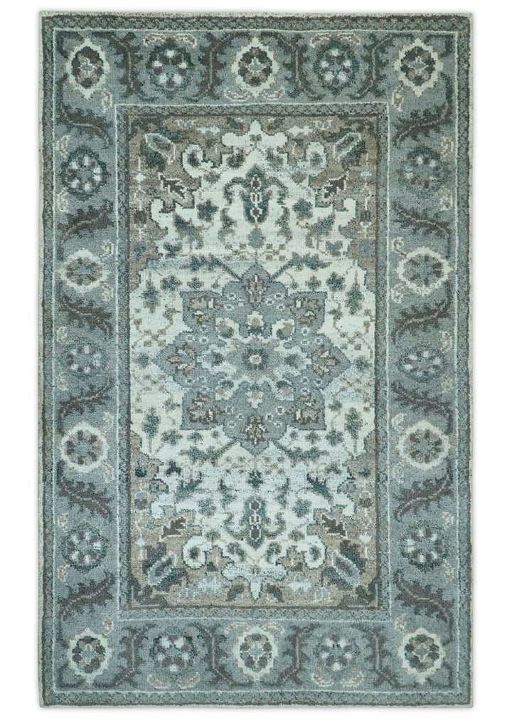 Gray and Ivory Traditional Heriz Hand Knotted 5x8 wool area rug - The Rug Decor