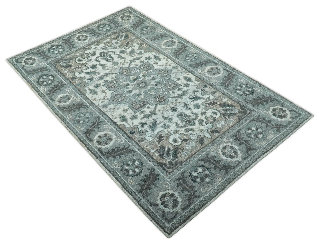 Gray and Ivory Traditional Heriz Hand Knotted 5x8 wool area rug - The Rug Decor