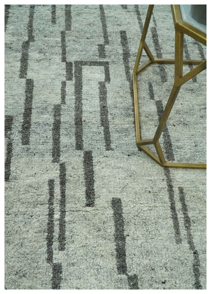 Gray and Taupe Hand Knotted Modern Stripes Deign 5x8 wool area rug - The Rug Decor