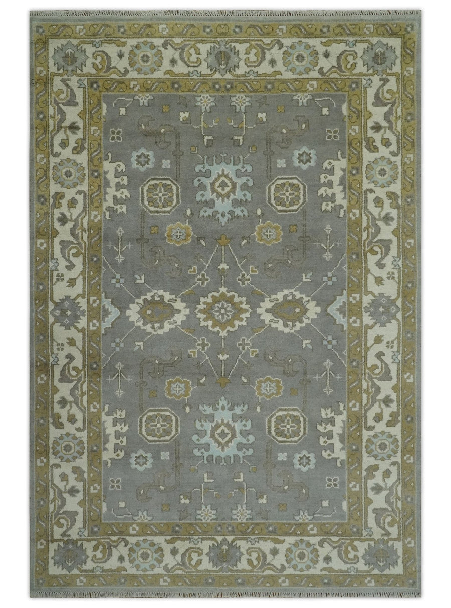 Gray, Ivory and Olive 6x9 Hand Knotted Traditional Oushak wool area rug - The Rug Decor