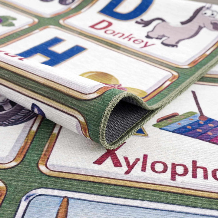 Green and Ivory Colorful Alphabets Washable Kids Rug, Perfect for kids room - The Rug Decor