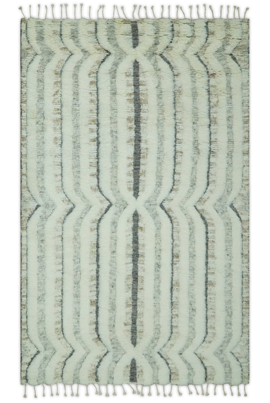 Hand Carved Texture Ivory, Gray, Charcoal and Beige Moroccan Style Modern Stripes Design 5x8 wool Area Rug - The Rug Decor