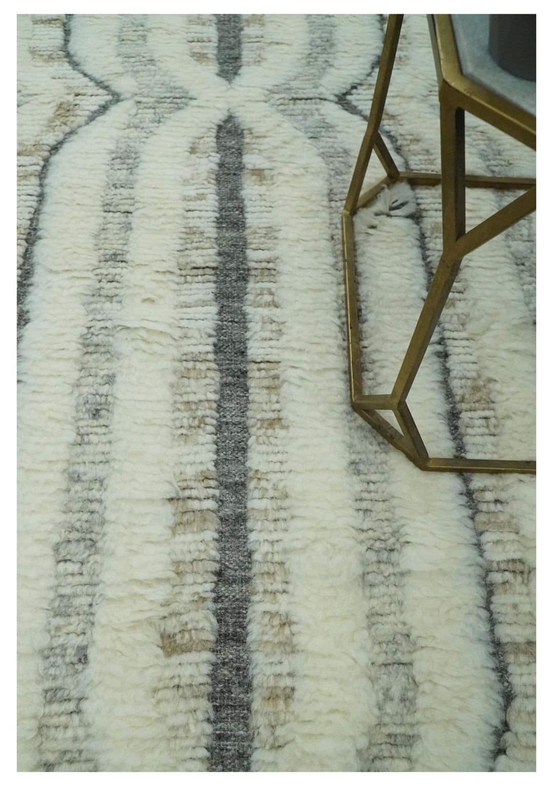 Hand Carved Texture Ivory, Gray, Charcoal and Beige Moroccan Style Modern Stripes Design 5x8 wool Area Rug - The Rug Decor