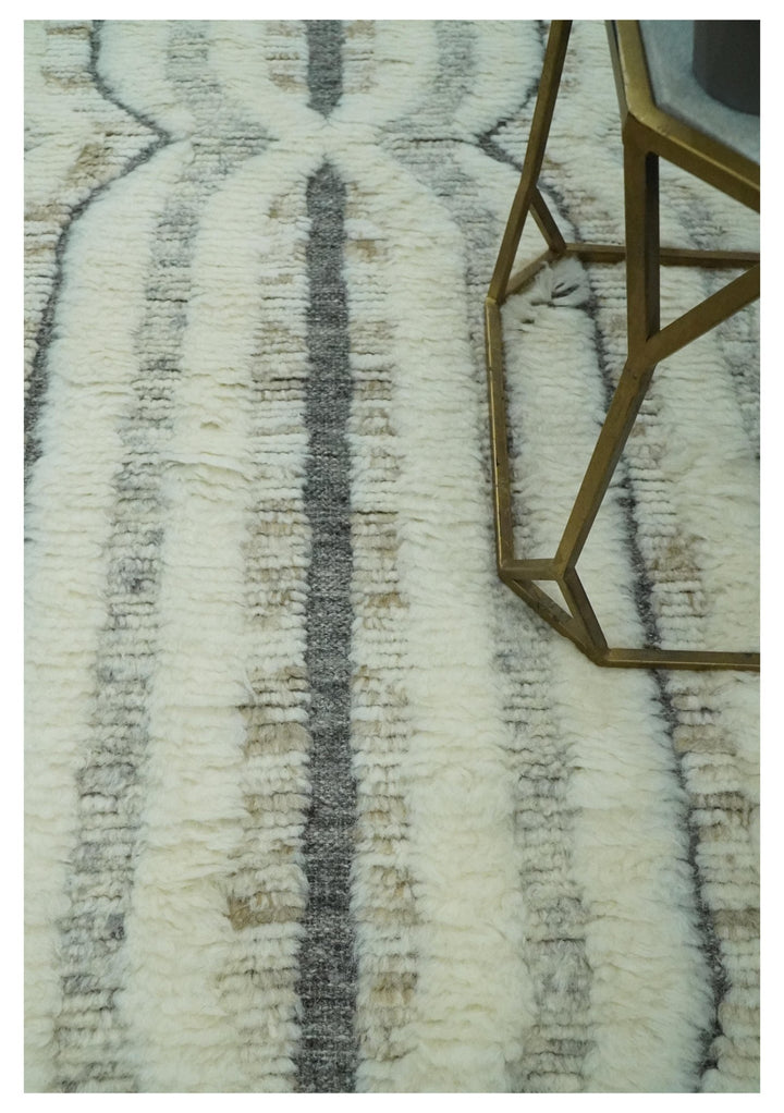 Hand Carved Texture Ivory, Gray, Charcoal and Beige Moroccan Style Modern Stripes Design 5x8 wool Area Rug - The Rug Decor