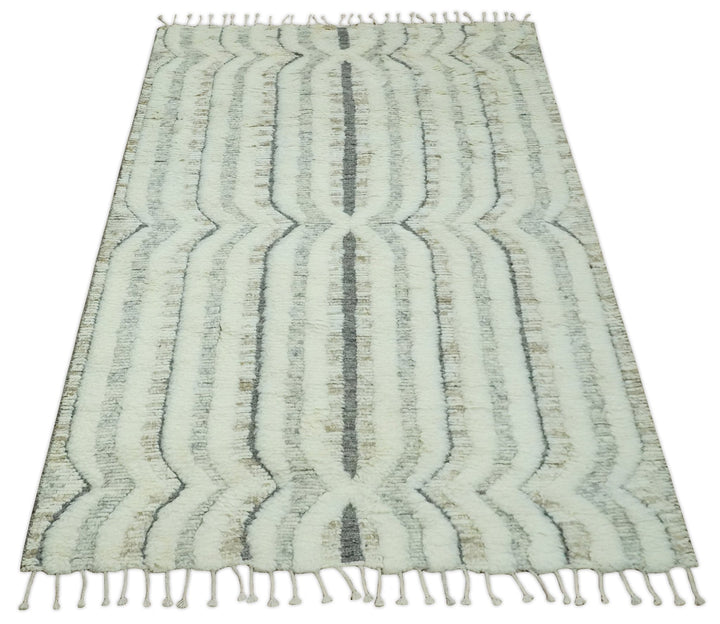 Hand Carved Texture Ivory, Gray, Charcoal and Beige Moroccan Style Modern Stripes Design 5x8 wool Area Rug - The Rug Decor