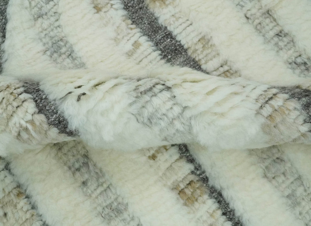 Hand Carved Texture Ivory, Gray, Charcoal and Beige Moroccan Style Modern Stripes Design 5x8 wool Area Rug - The Rug Decor