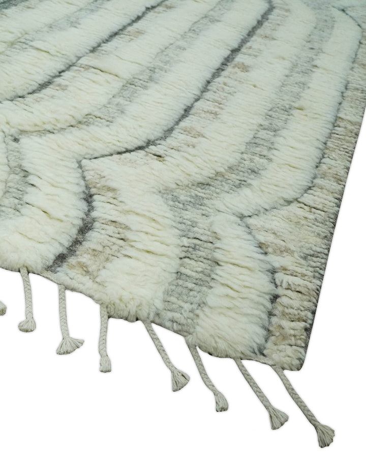 Hand Carved Texture Ivory, Gray, Charcoal and Beige Moroccan Style Modern Stripes Design 5x8 wool Area Rug - The Rug Decor