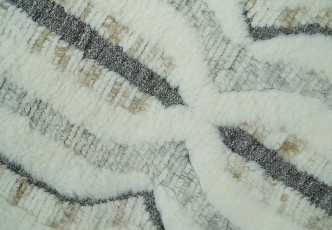 Hand Carved Texture Ivory, Gray, Charcoal and Beige Moroccan Style Modern Stripes Design 5x8 wool Area Rug - The Rug Decor