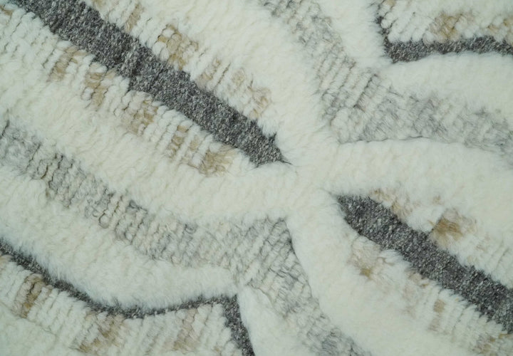 Hand Carved Texture Ivory, Gray, Charcoal and Beige Moroccan Style Modern Stripes Design 5x8 wool Area Rug - The Rug Decor