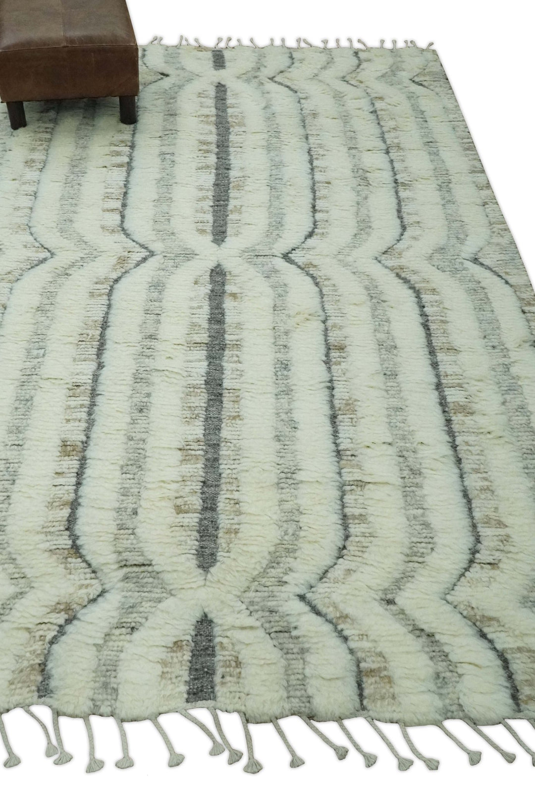 Hand Carved Texture Ivory, Gray, Charcoal and Beige Moroccan Style Modern Stripes Design 5x8 wool Area Rug - The Rug Decor