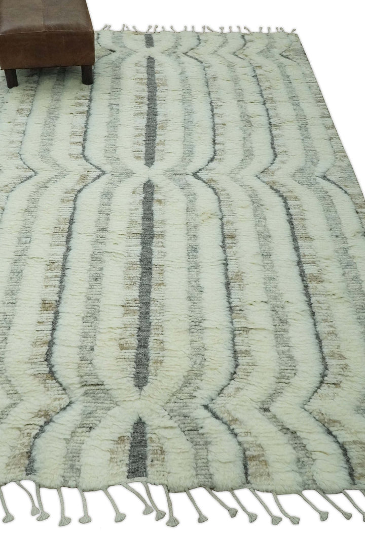 Hand Carved Texture Ivory, Gray, Charcoal and Beige Moroccan Style Modern Stripes Design 5x8 wool Area Rug - The Rug Decor
