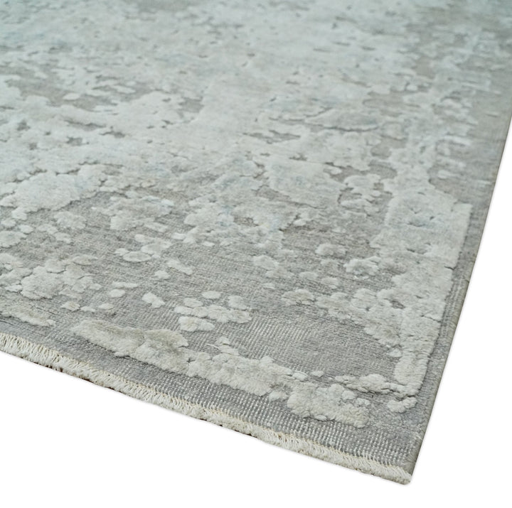 Hand Carved Texture Modern abstract Silver and Gray Hand Knotted 8x10 wool and Art Silk Area Rug - The Rug Decor