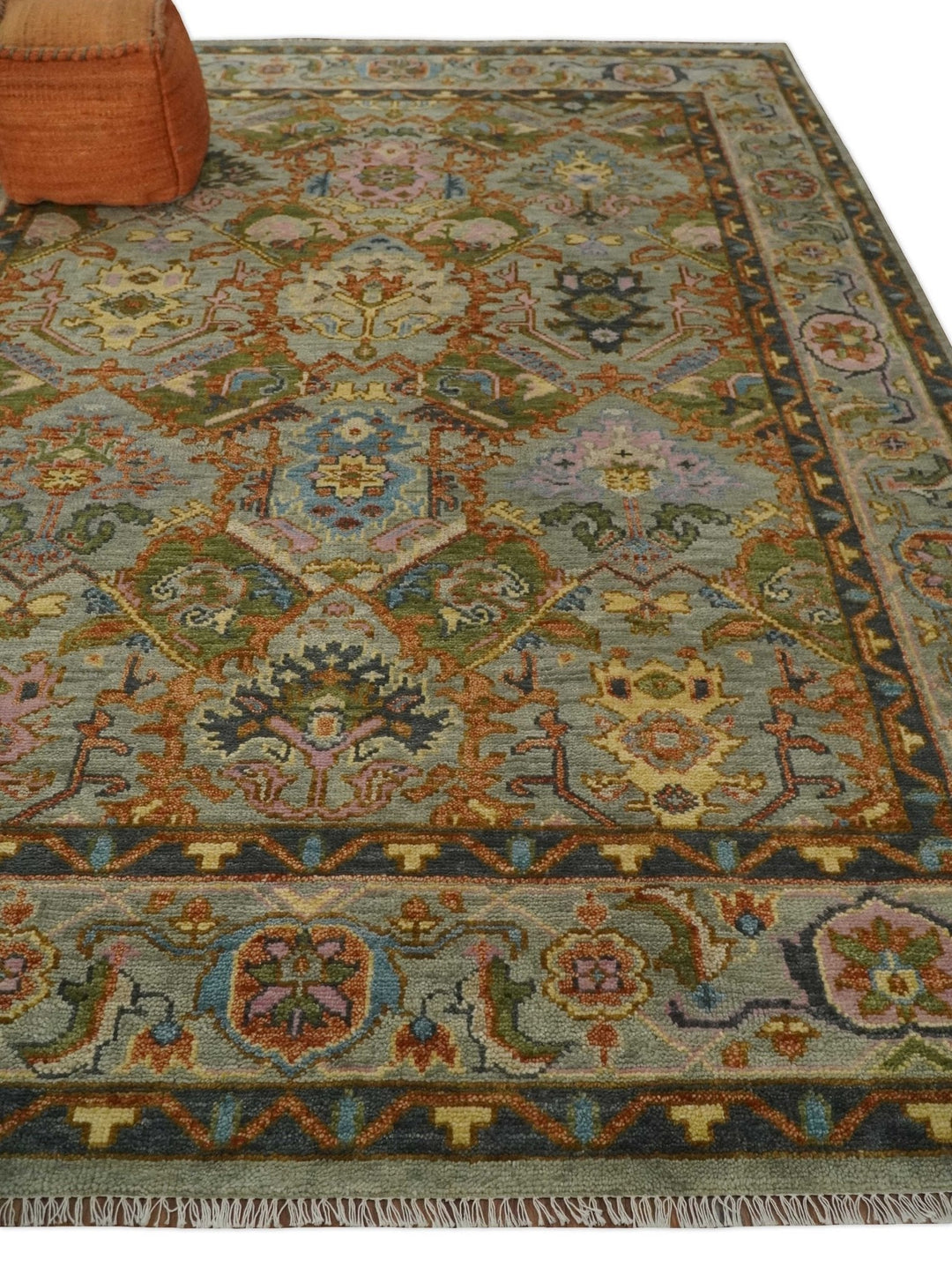 Hand knotted 5x8, 6x9, 8x10, 9x12, 10x14 and 12x15 All Wool Silver, Rust and Gray Traditional Antique Moss Persian Oushak Area Rug | TRDCP616 - The Rug Decor