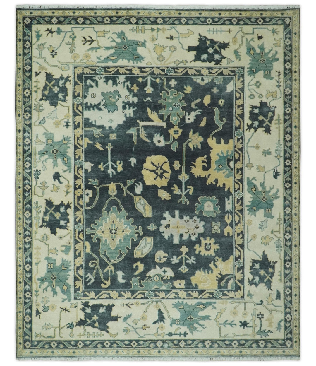 Hand Knotted 8x10 Charcoal, Ivory and Beige Traditional Oushak wool area rug - The Rug Decor