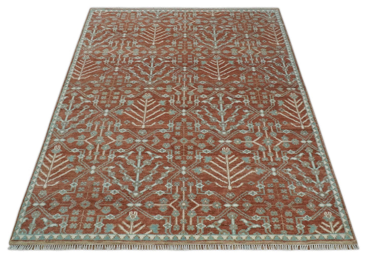 Hand knotted 8x10 Rust and Aqua Floral wool Area Rug - The Rug Decor