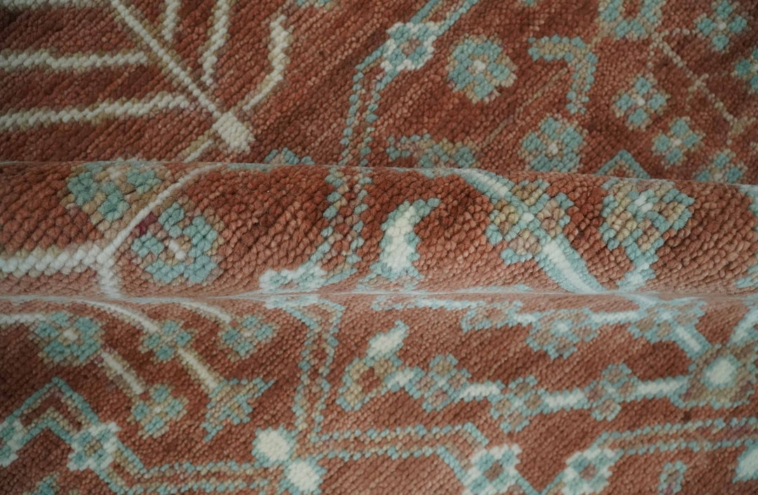 Hand knotted 8x10 Rust and Aqua Floral wool Area Rug - The Rug Decor