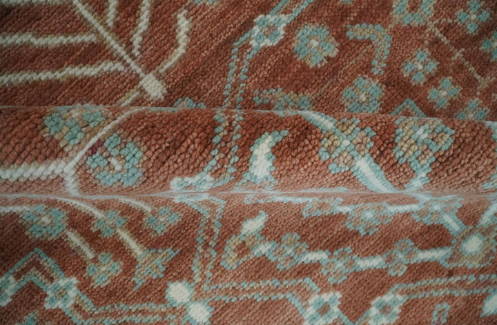 Hand knotted 8x10 Rust and Aqua Floral wool Area Rug - The Rug Decor
