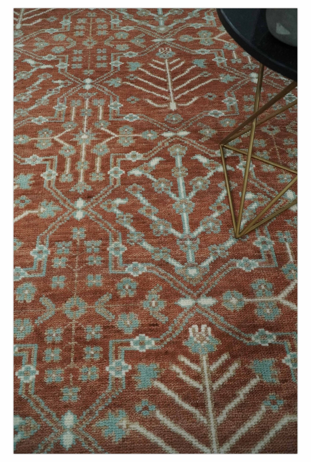 Hand knotted 8x10 Rust and Aqua Floral wool Area Rug - The Rug Decor