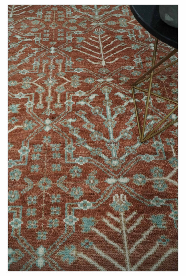 Hand knotted 8x10 Rust and Aqua Floral wool Area Rug - The Rug Decor
