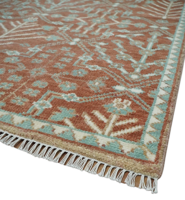 Hand knotted 8x10 Rust and Aqua Floral wool Area Rug - The Rug Decor