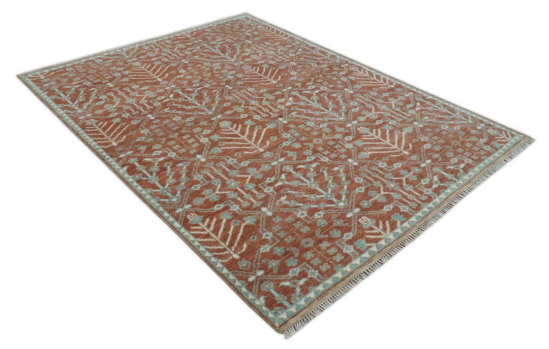 Hand knotted 8x10 Rust and Aqua Floral wool Area Rug - The Rug Decor