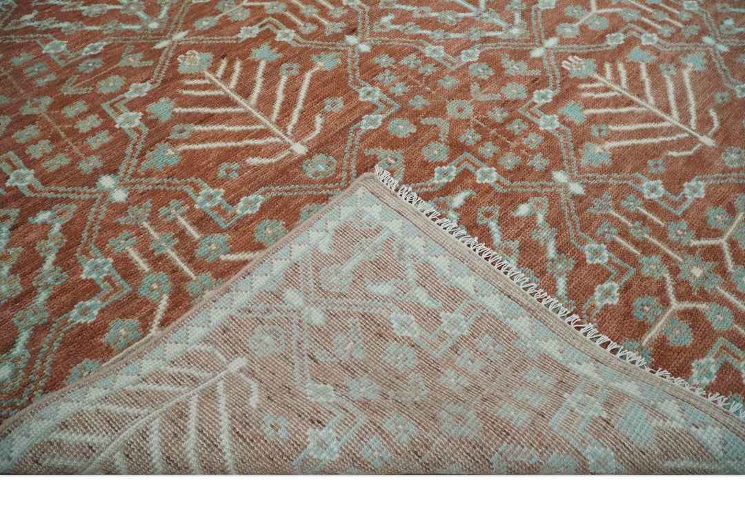 Hand knotted 8x10 Rust and Aqua Floral wool Area Rug - The Rug Decor
