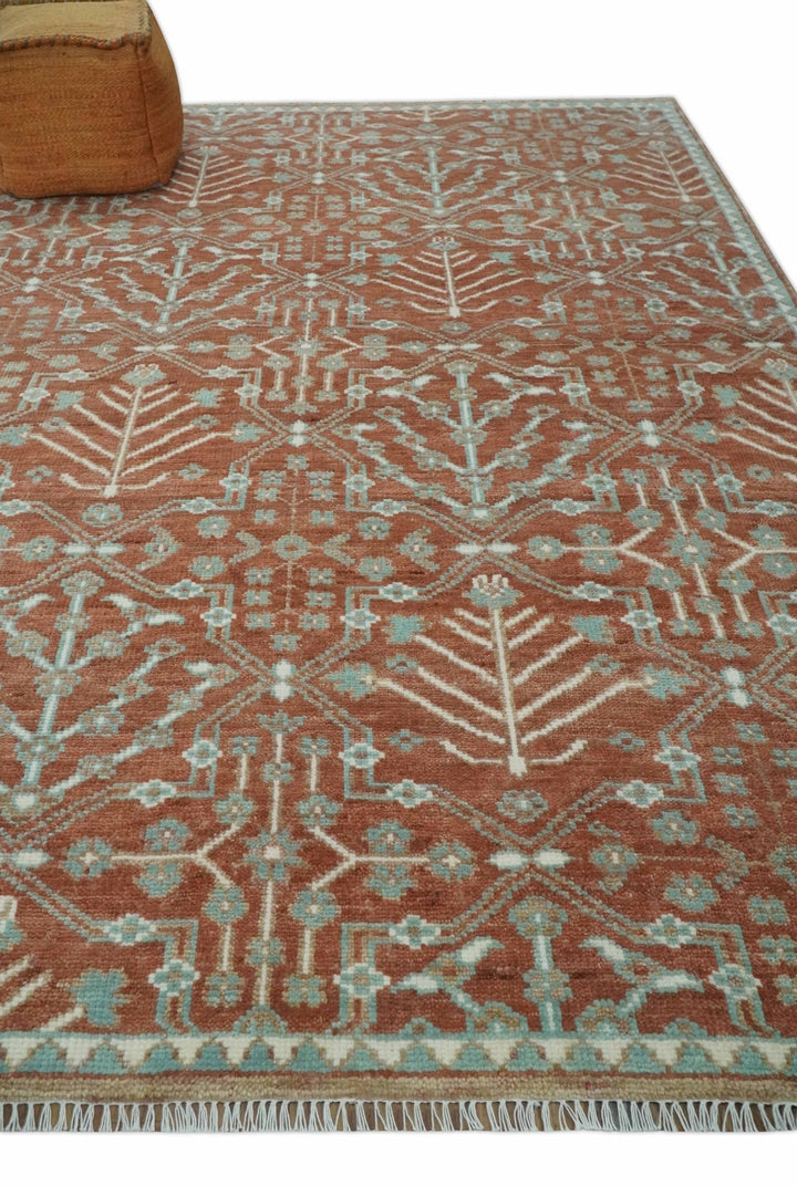 Hand knotted 8x10 Rust and Aqua Floral wool Area Rug - The Rug Decor
