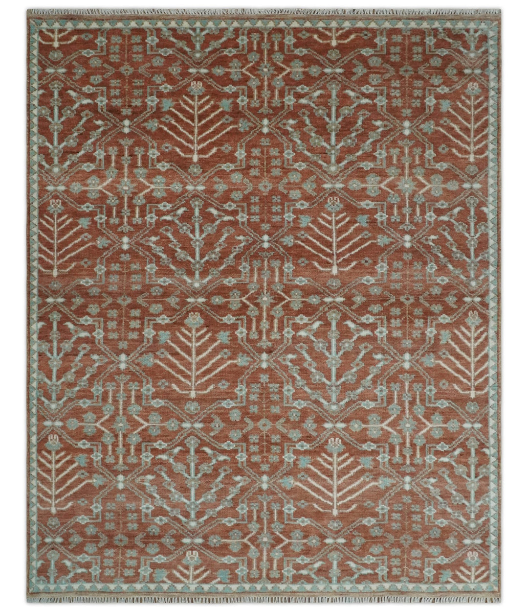 Hand knotted 8x10 Rust and Aqua Floral wool Area Rug - The Rug Decor