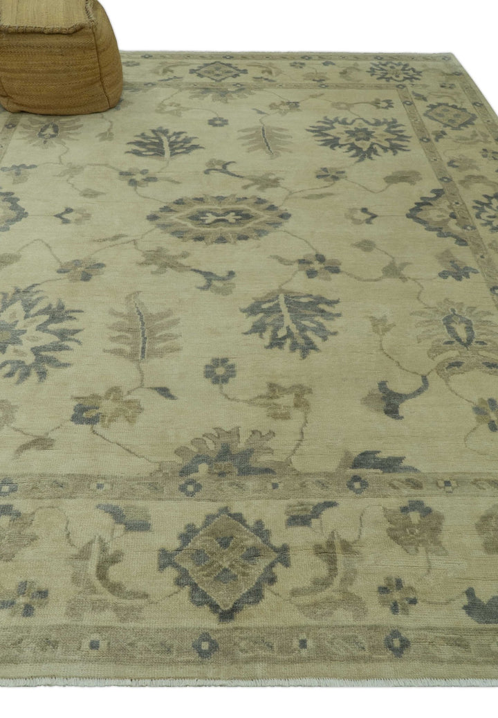 Hand Knotted Beige And Blue Traditional Oushak Design 9x11 Wool Area Rug - The Rug Decor