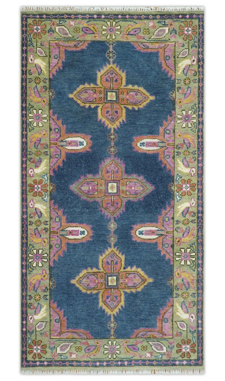Hand Knotted Blue, Silver and Pink Traditional Heriz Serapi Wool Rug, Living Room and Bedroom Rug - The Rug Decor