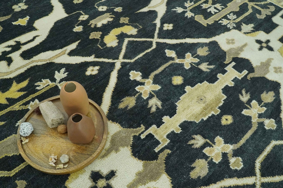 Hand Knotted Charcoal, Ivory and Olive Oriental Oushak 8x10 Wool Area Rug - The Rug Decor