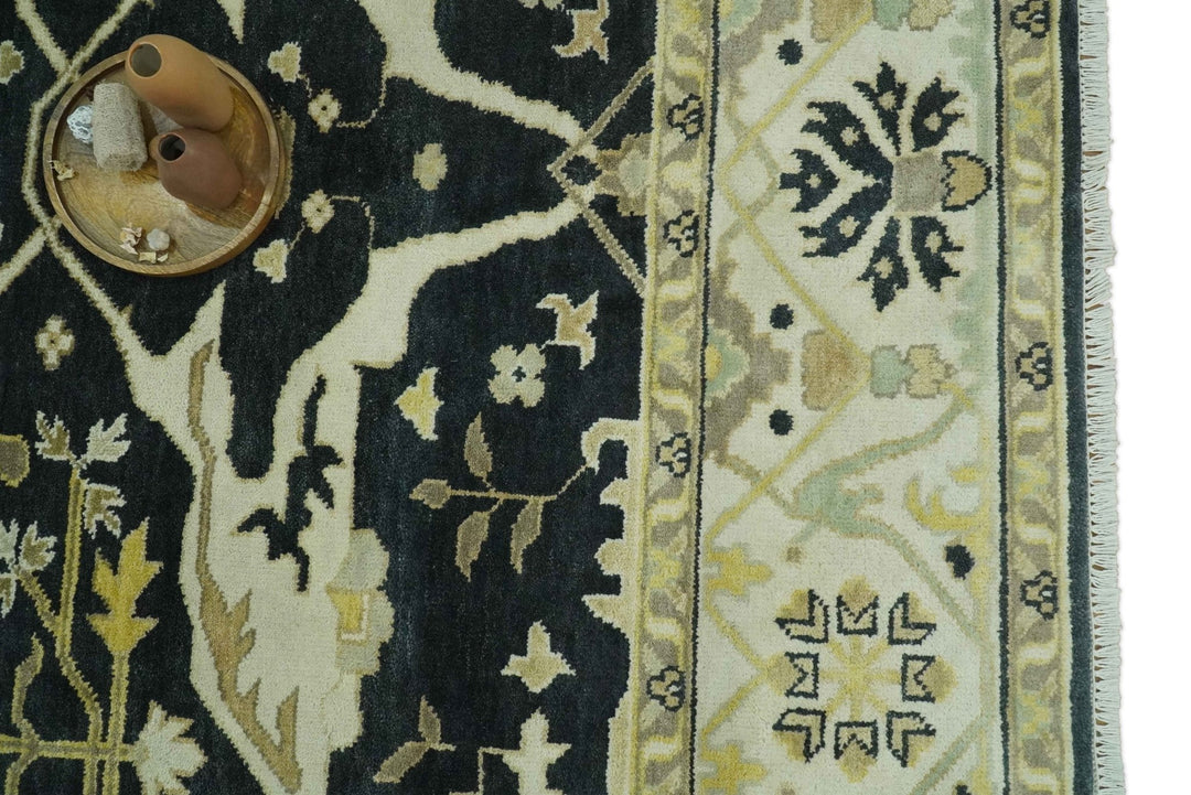 Hand Knotted Charcoal, Ivory and Olive Oriental Oushak 8x10 Wool Area Rug - The Rug Decor
