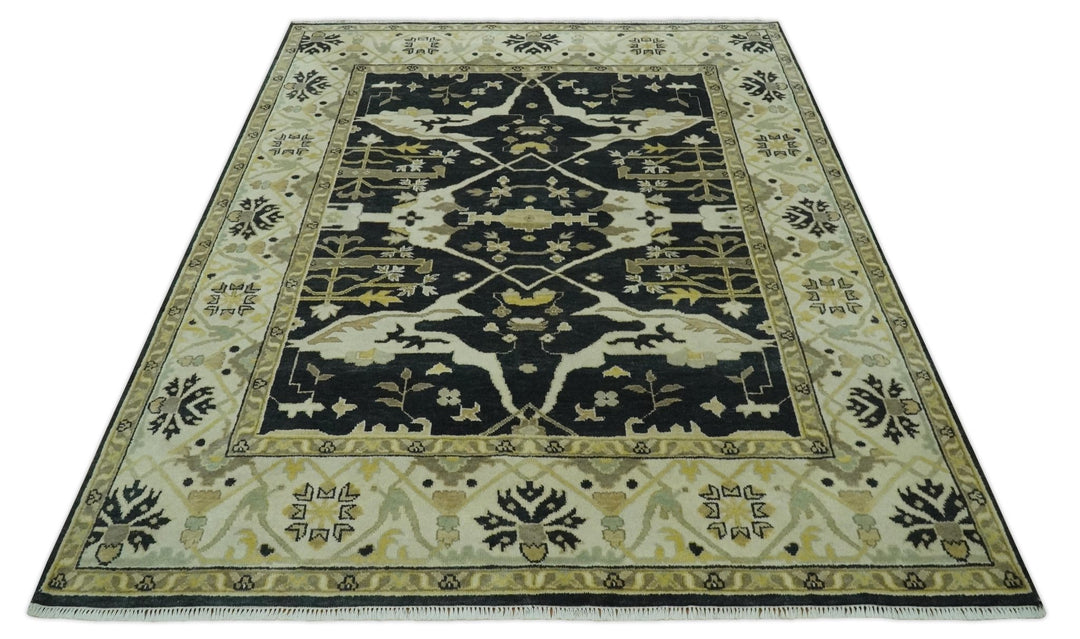 Hand Knotted Charcoal, Ivory and Olive Oriental Oushak 8x10 Wool Area Rug - The Rug Decor