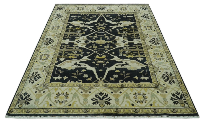 Hand Knotted Charcoal, Ivory and Olive Oriental Oushak 8x10 Wool Area Rug - The Rug Decor